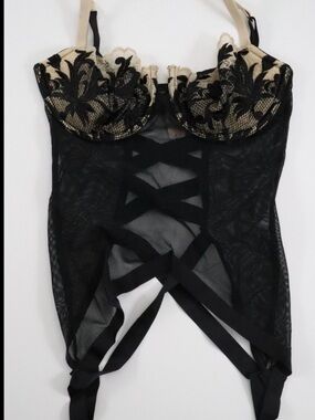 Victorias Secret Black and Beige Lace Bustier with Garter Straps